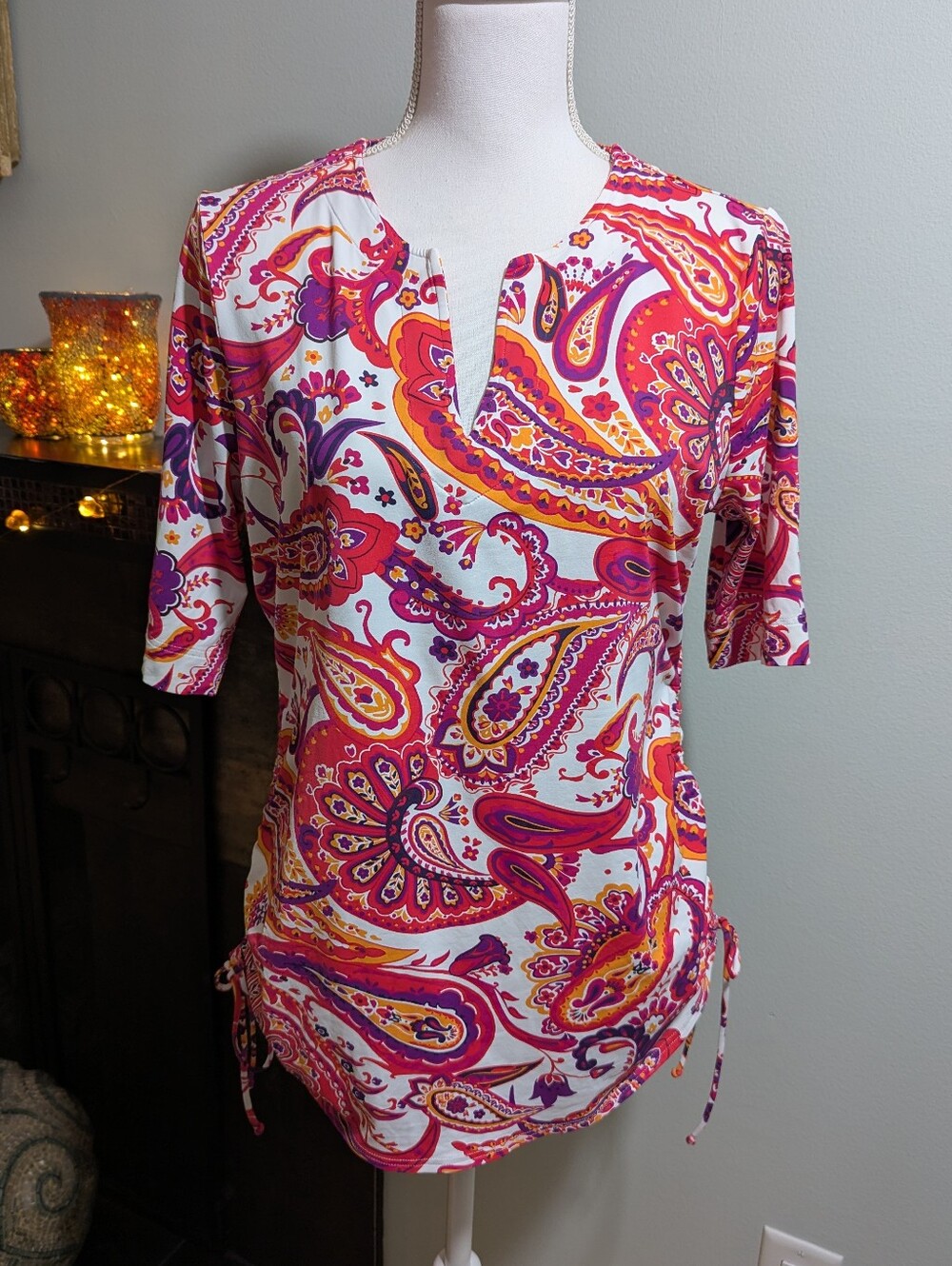 Lands End Rash Guard Tunic Women's Medium Paisley Split Neck Ruched Side HalfSLV